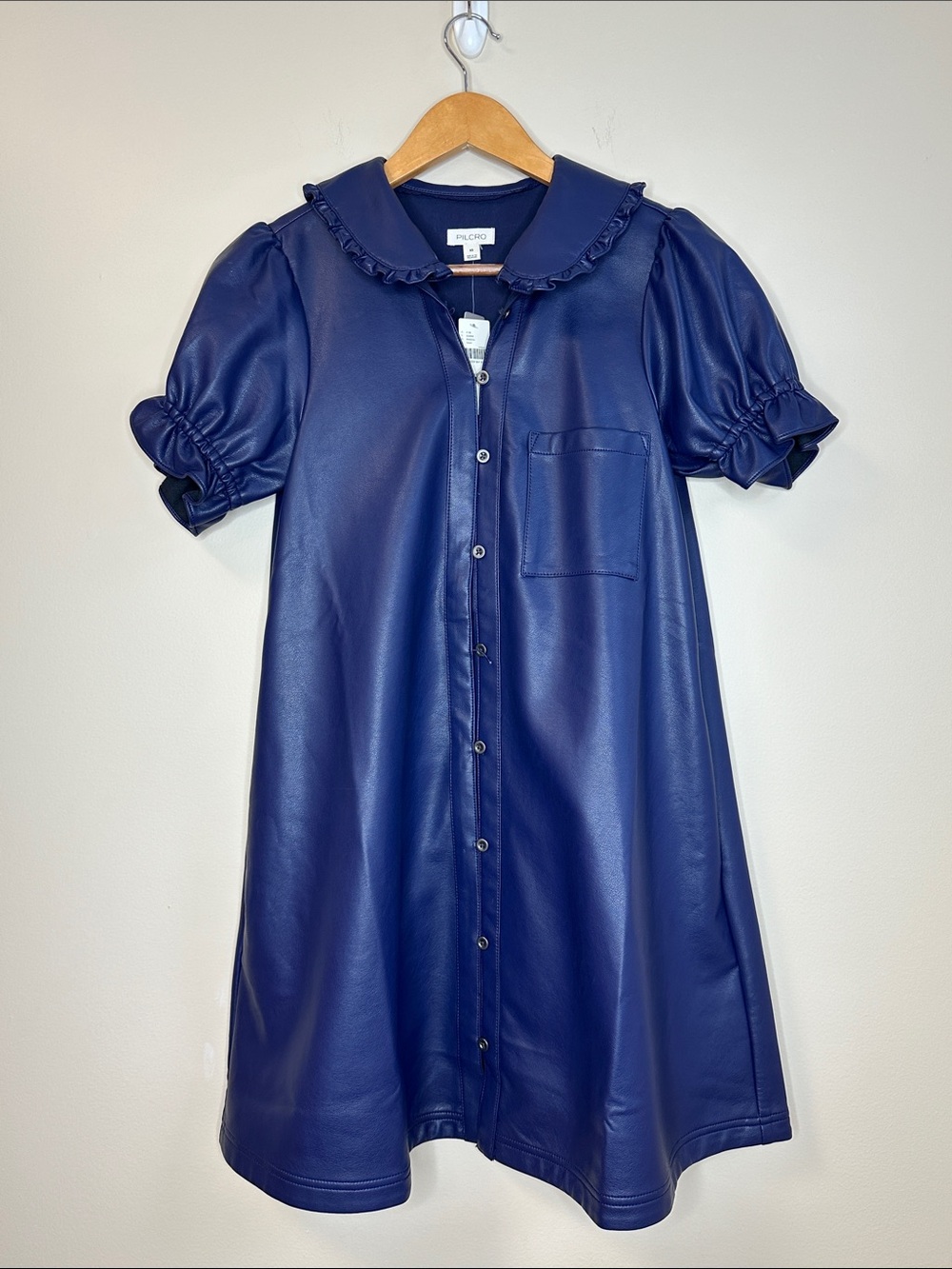 Pilcro Navy Faux Leather Button-Front Mini Dress with Ruffle Collar